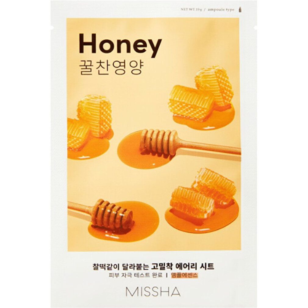 Missha Air Fit Sheet Mask Honey: bustina con favi di miele e mestoli per miele.