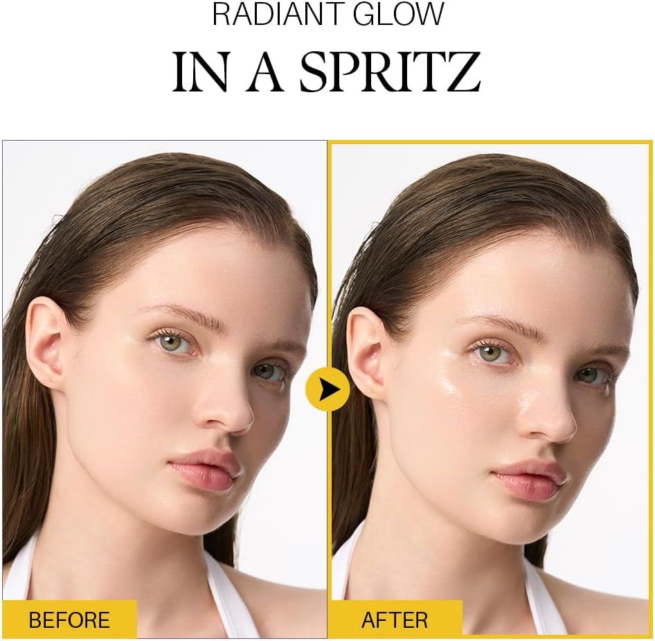 Immagini prima-dopo. Donna con pelle luminosa. Testo: Radiant Glow in a Spritz.