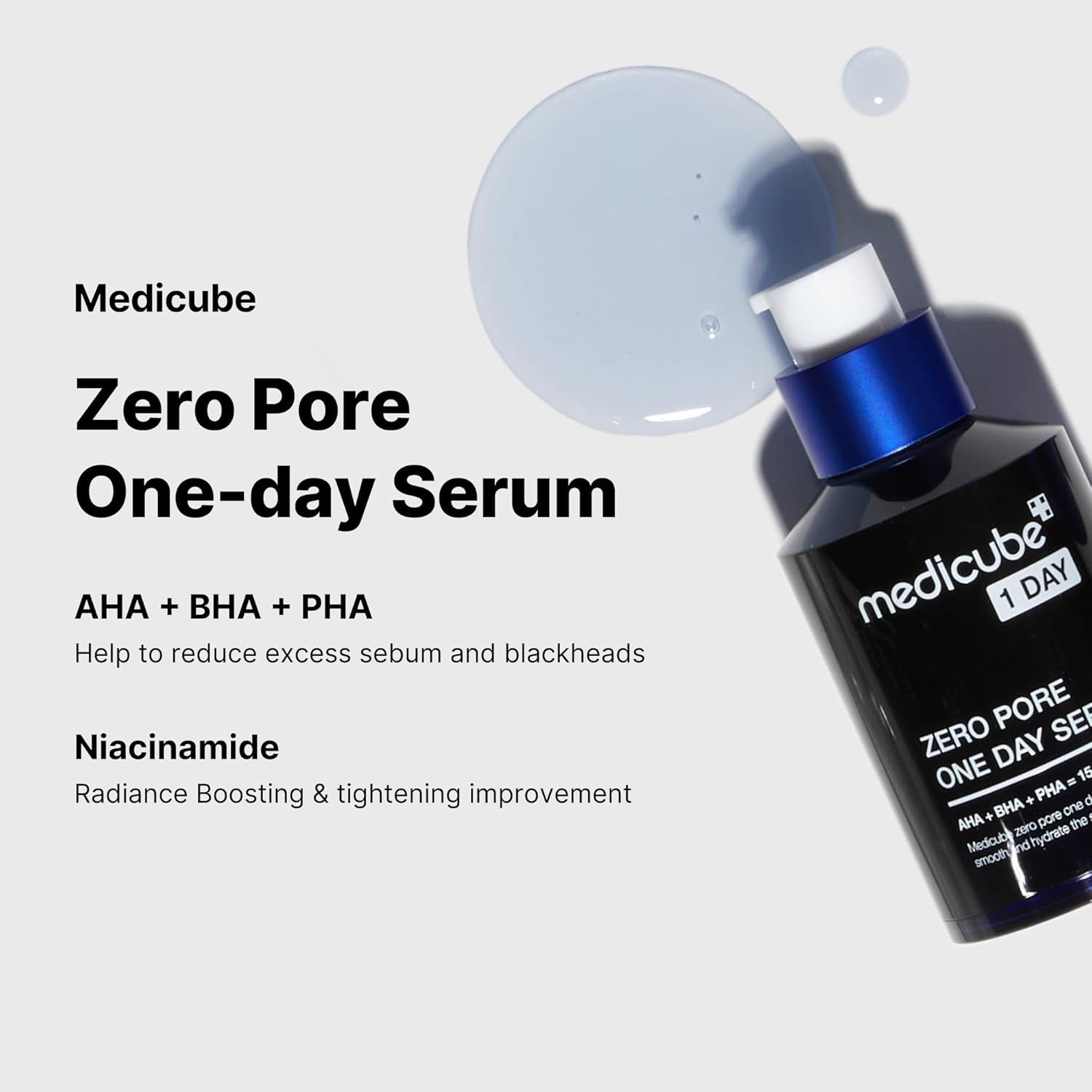 Prodotto MEDICUBE Zero Pore One-day Serum. Testo: AHA + BHA + PHA. Aiuta a ridurre l'eccesso di sebo e i punti neri.