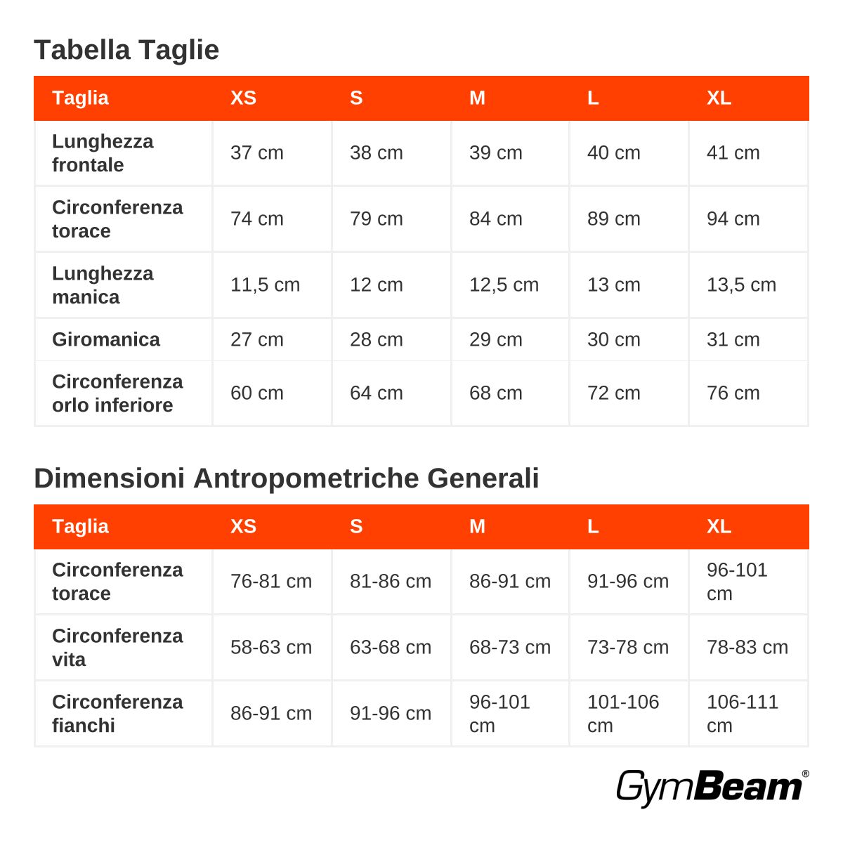 Tabella taglie per t-shirt da donna GymBeam con dimensioni antropometriche per circonferenza torace, vita e fianchi.