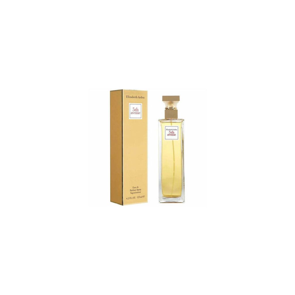 Flacone di profumo e confezione. Flacone rettangolare con tappo dorato. Sulla confezione è scritto "Elizabeth Arden 5th Avenue".
