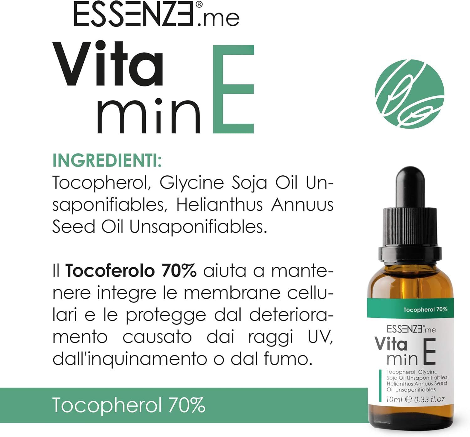 Essenze.me Vitamin E Olio di Vitamina E Tocoferolo 70% Booster Antiossidante per Sieri, Oli e Creme