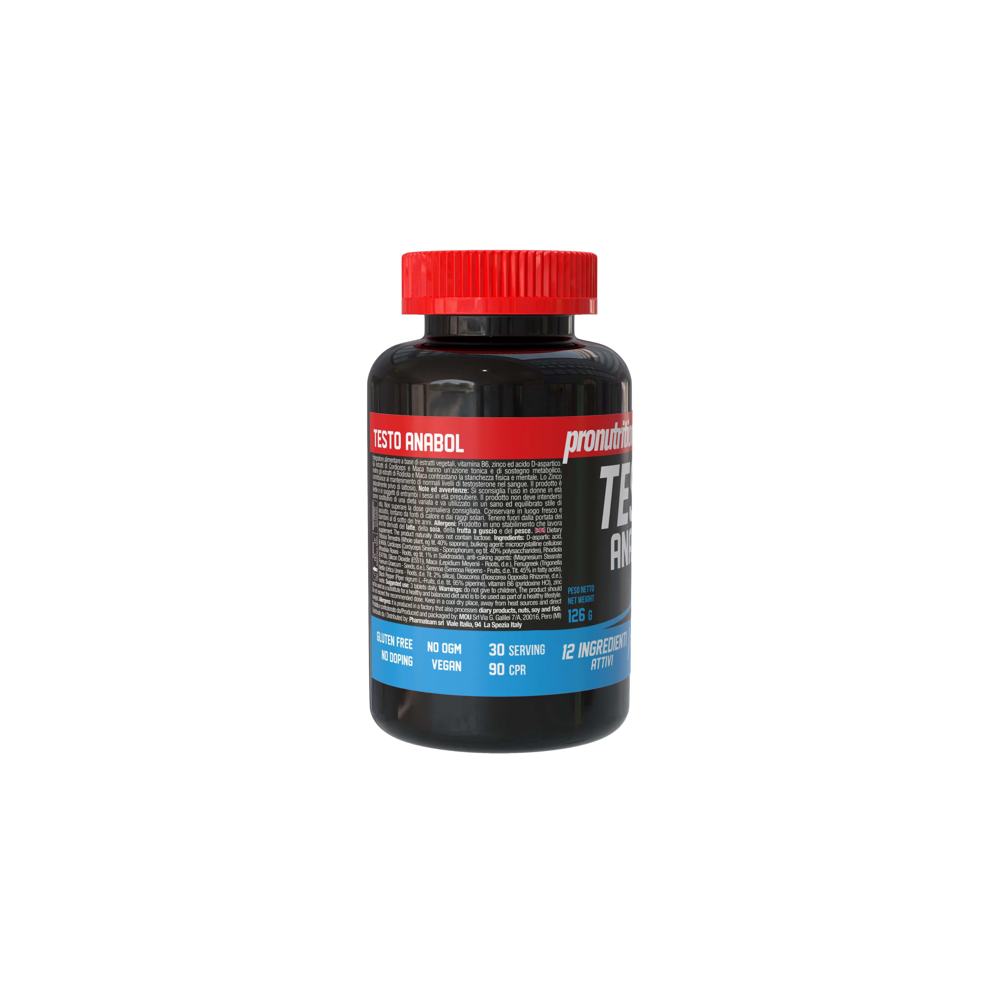 Flacone scuro con tappo rosso. Scritta TESTO ANABOL. Etichette blu e bianche con testo. Senza glutine, senza doping, 30 porzioni, 12 ingredienti.
