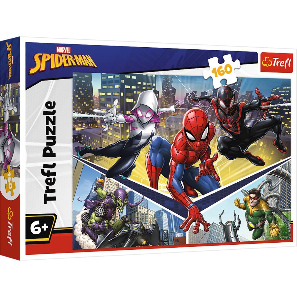 Scatola puzzle Spiderman. Contiene 160 pezzi. Marca: Trefl. Età: 6+. Personaggi: Spiderman, Spider-Gwen, Miles Morales.