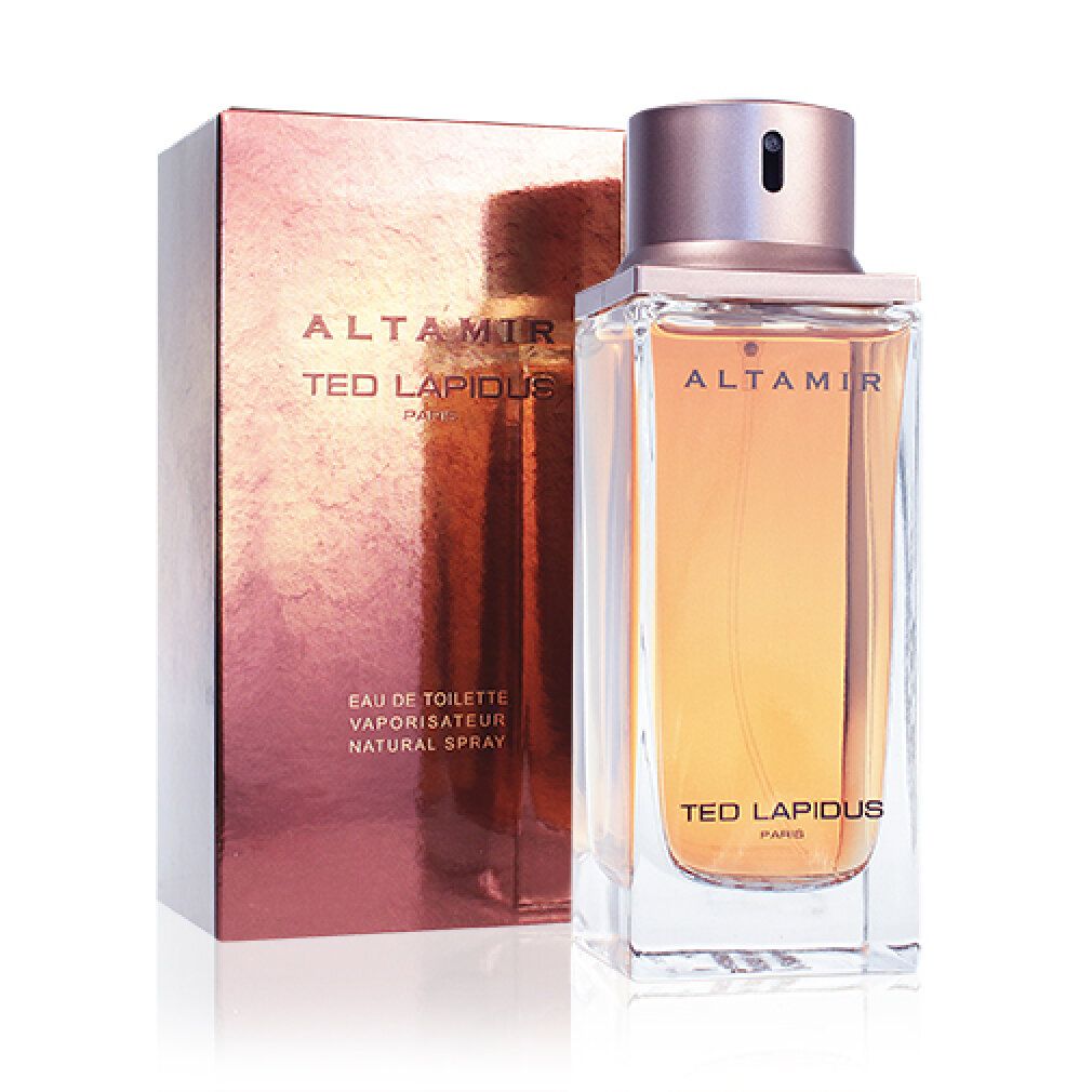 Flacone in vetro con liquido dorato e vaporizzatore. Accanto, una scatola rosa con la scritta ALTAMIR, TED LAPIDUS.