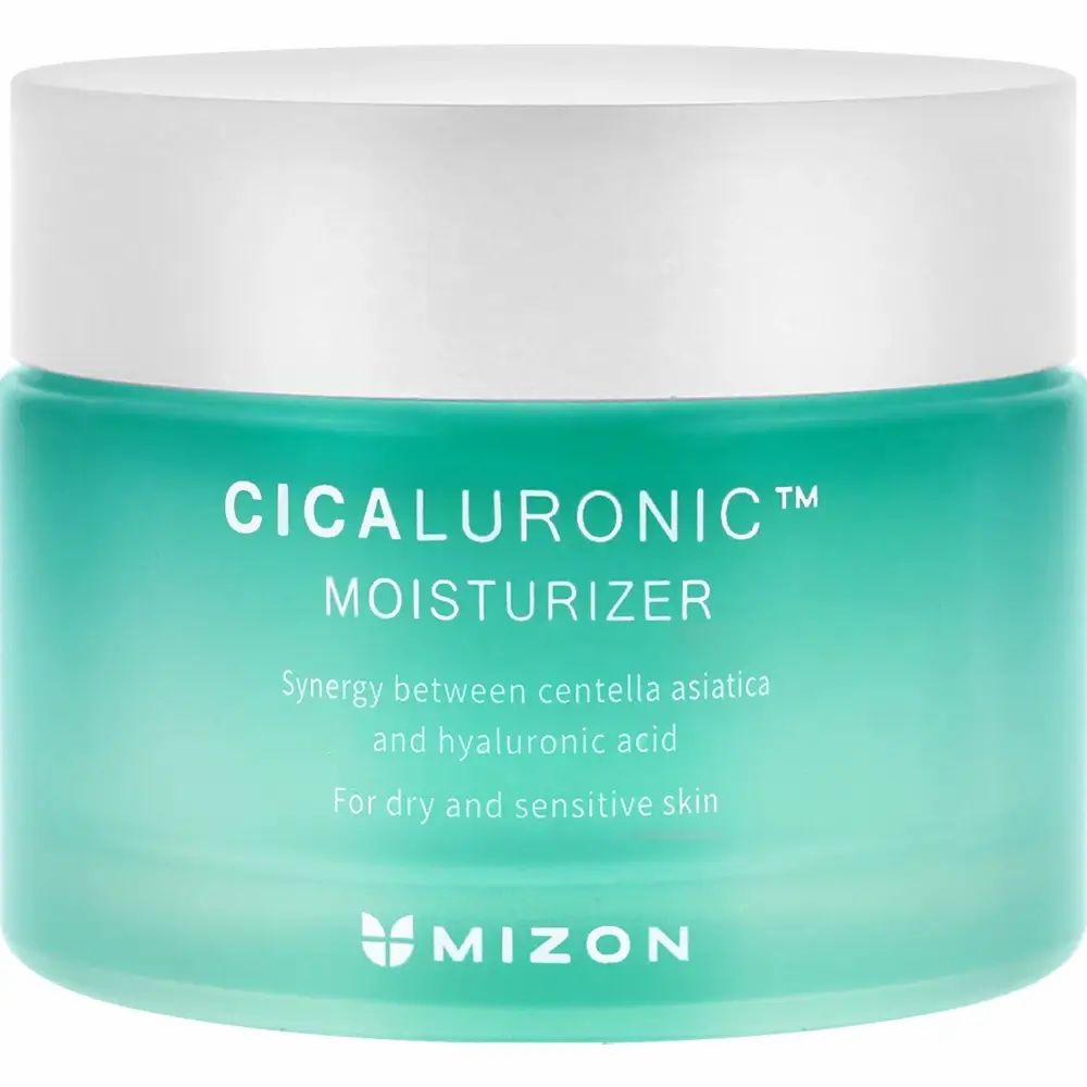 Vasetto turchese con coperchio bianco. Scritta: CICALURONIC MOISTURIZER, logo MIZON. Per pelli secche e sensibili.
