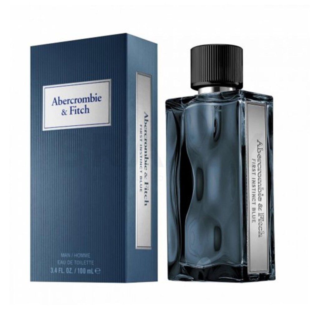 Flacone e confezione blu scuro. Scritta: Abercrombie & Fitch, First Instinct Blue, MAN/HOMME, Eau de Toilette.