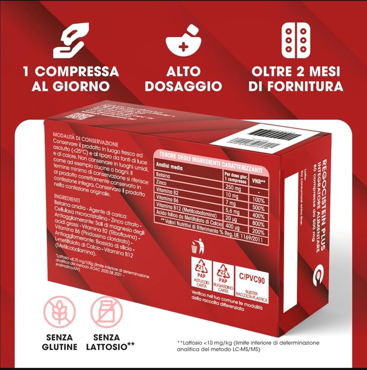 Confezione rossa di Regocistein PLUS. Testo: 1 compressa al giorno, alto dosaggio, oltre 2 mesi di fornitura. Senza glutine, senza lattosio.