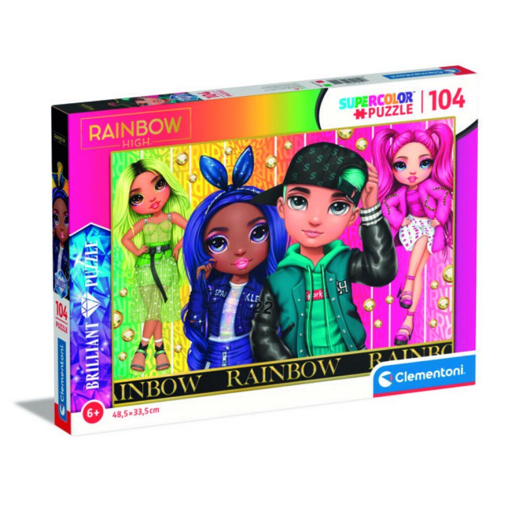 Scatola puzzle con illustrazioni di bambole. Scritta: Rainbow High, Supercolor Puzzle 104 pezzi. Marchio Clementoni.