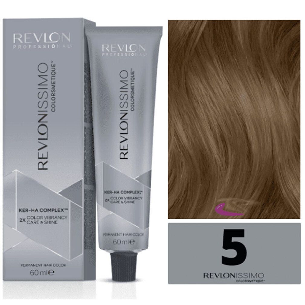 Revlon Revlonissimo Colorsmetique 5 Light Brown. Tubo e scatola. Cartella colori con tonalità 5. Tinta permanente.
