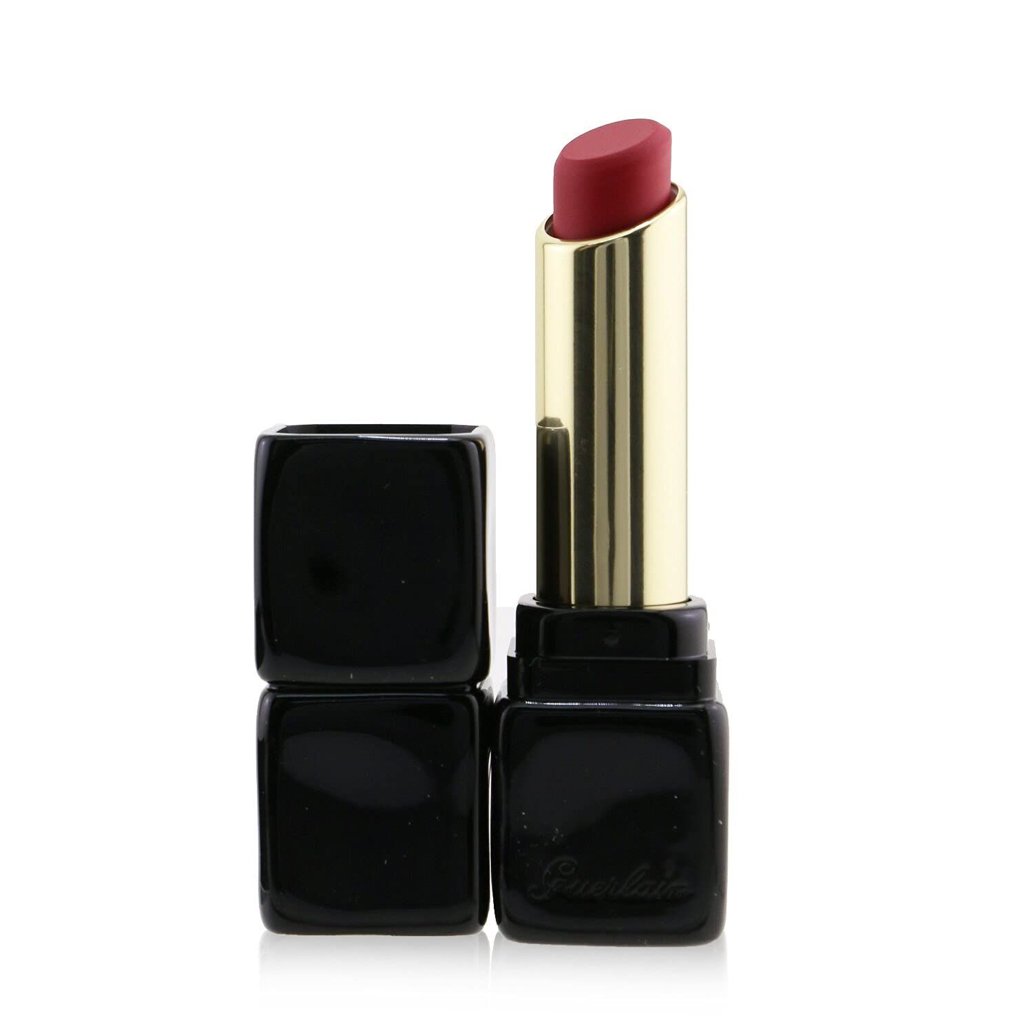 Rossetto con custodia nera aperta. Stelo dorato, rossetto rosso. Logo Guerlain sulla base.