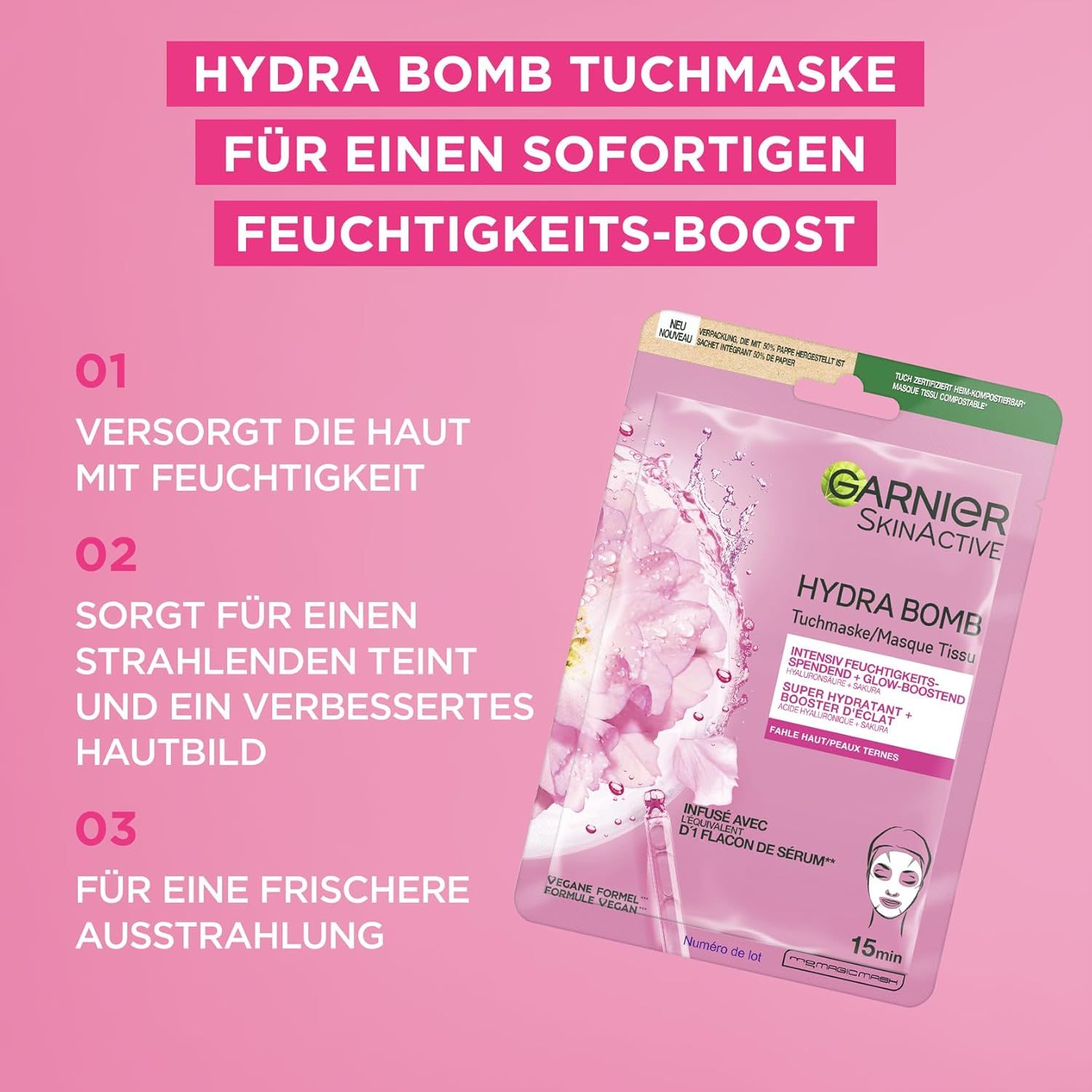 Maschera in tessuto Garnier SkinActive Hydra Bomb. Confezione con immagine del prodotto e testo. Scritta: Idratazione intensa.