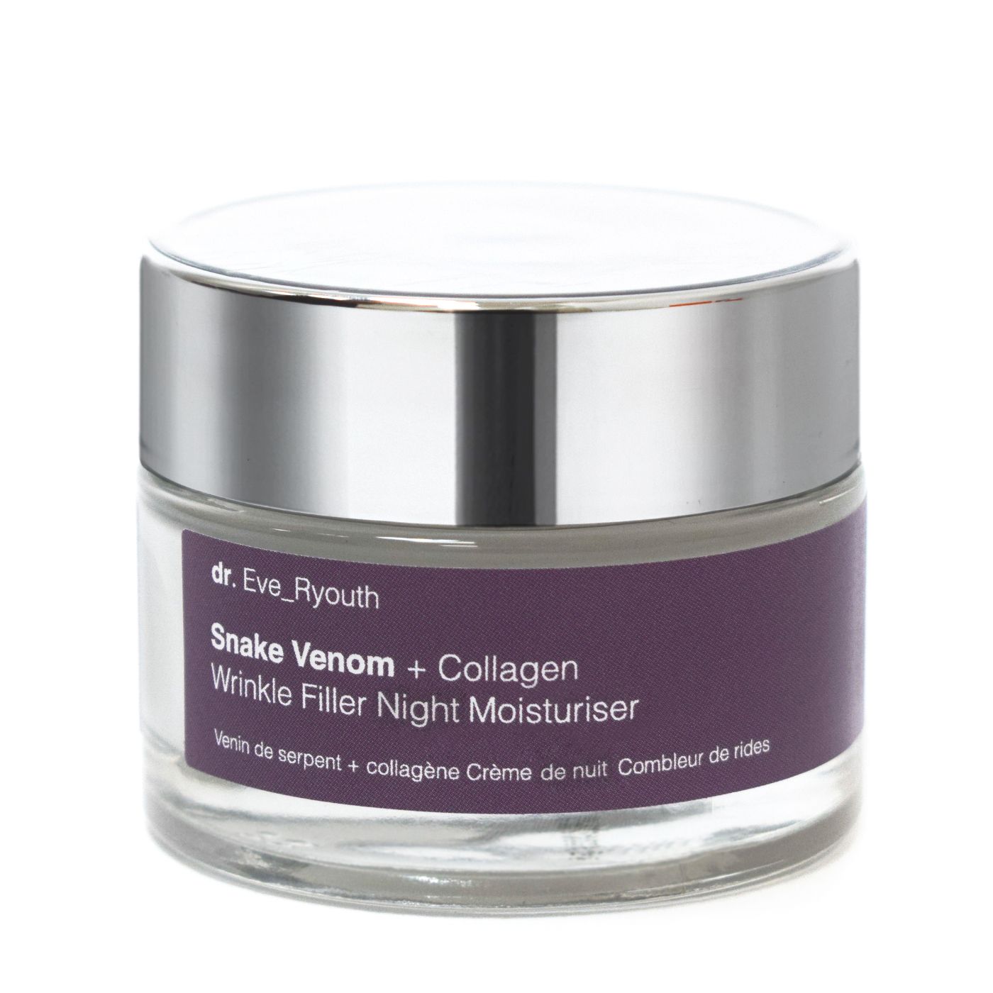 Dr. Eve_R youth Veleno di serpente + Collagene Crema notte antirughe, vaso in vetro con tappo argentato, sfondo bianco.