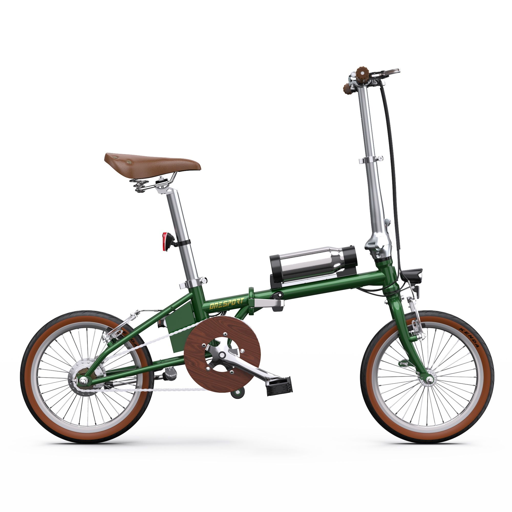 E-bike pieghevole verde, pneumatici e sella marroni. Batteria e fanale posteriore visibili. Ruote da 16 pollici.