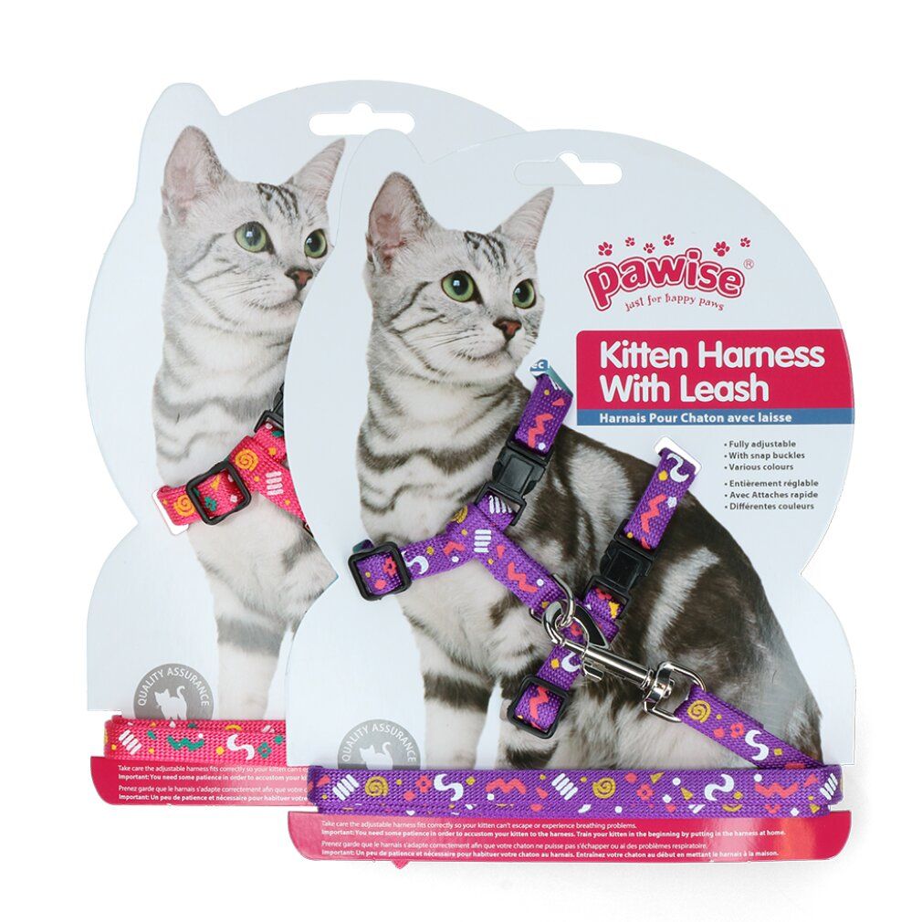 Due imbracature per gattini con guinzaglio. Motivi viola e rosa. Marchio Pawise. Confezione con gatto. Regolabili.