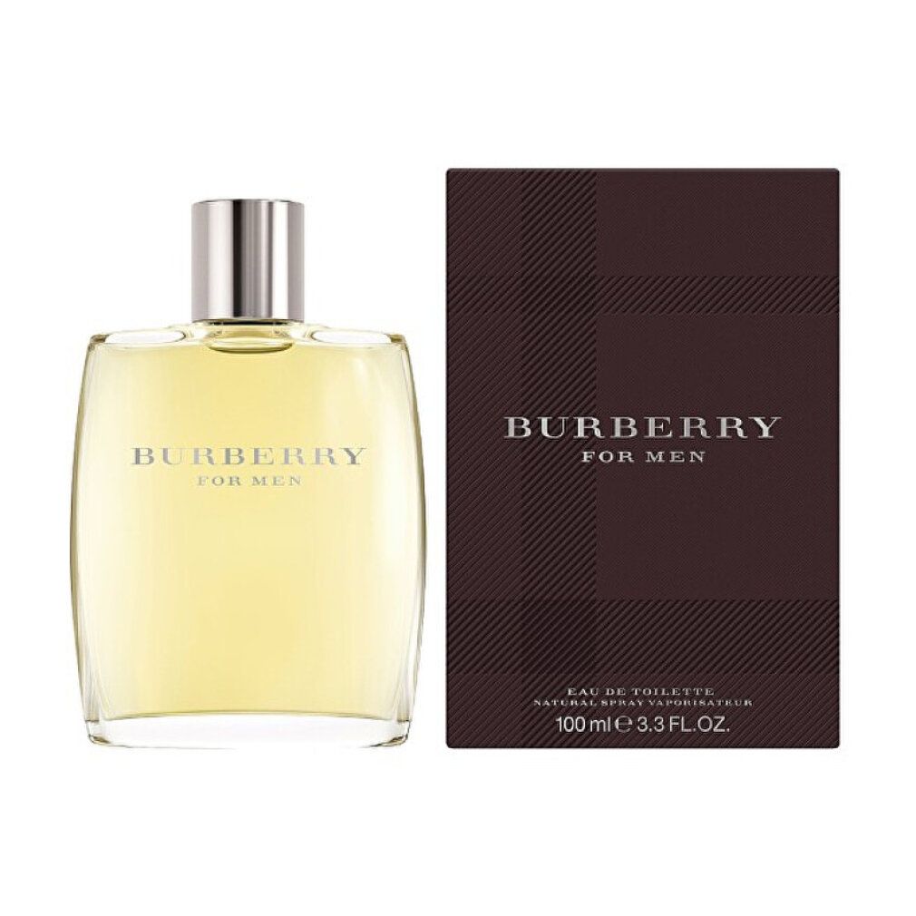 Burberry Eau de Toilette da uomo. Flacone e confezione. Confezione marrone con logo. Flacone in vetro con tappo argentato.