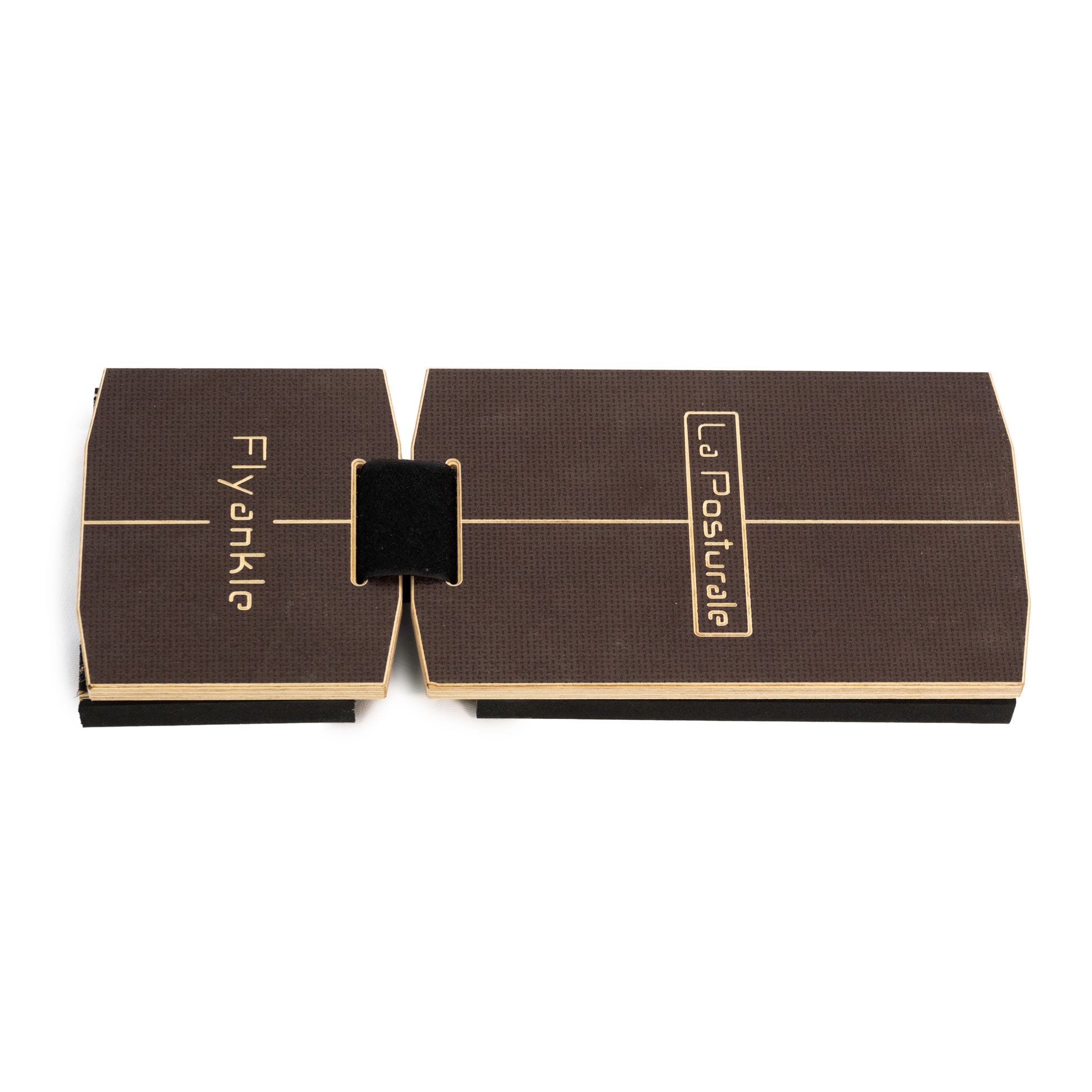 Base rettangolare marrone con scritta dorata "Flyankle". Chiusura in velcro nera. Aperto.