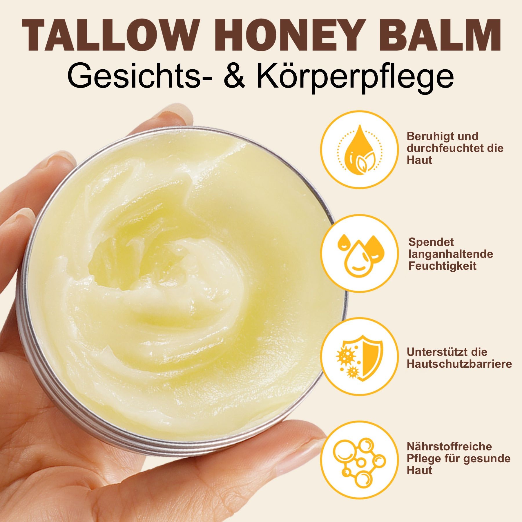 Barattolo aperto con balsamo giallo. Testo: Tallow Honey Balm, Cura viso e corpo. Quattro icone con testo: lenisce, idrata, supporta la barriera cutanea, nutre.