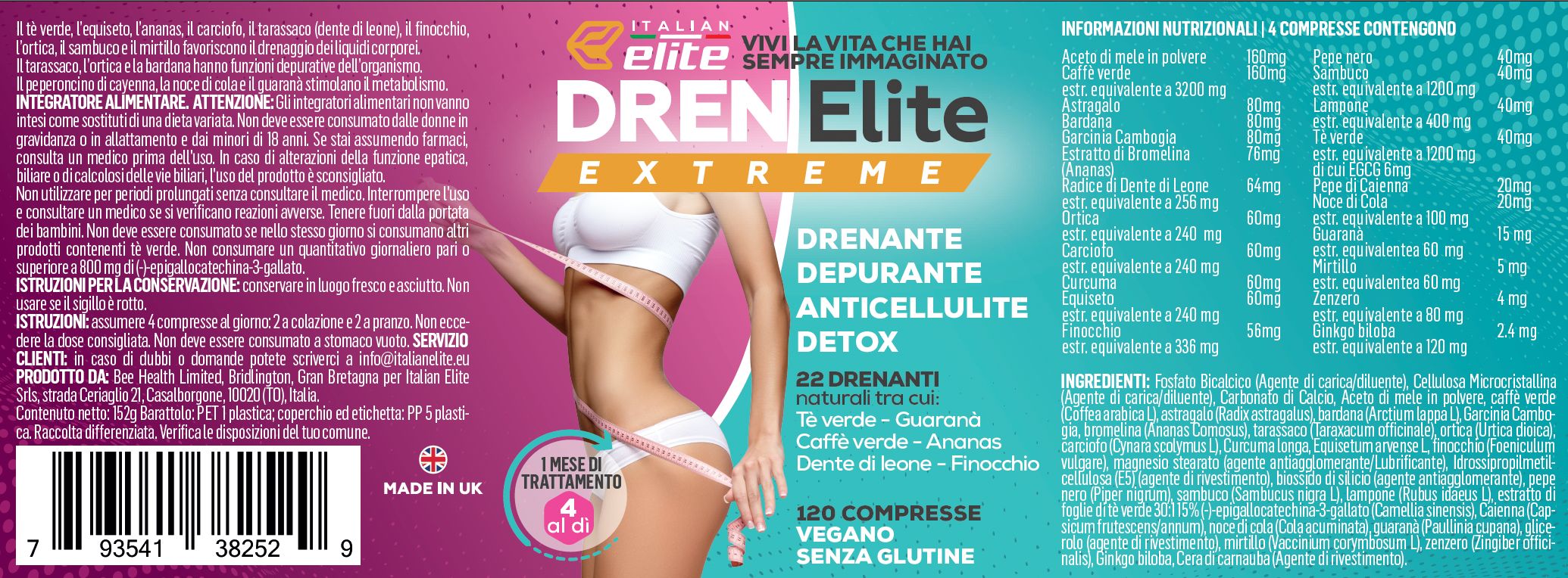 Confezione di Dren Elite Extreme. Contiene 120 compresse. Lista ingredienti e informazioni. Vegano, senza glutine.