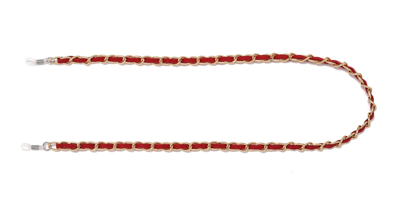 Catenina per occhiali con tessuto rosso e maglie dorate. Anelli trasparenti alle estremità.