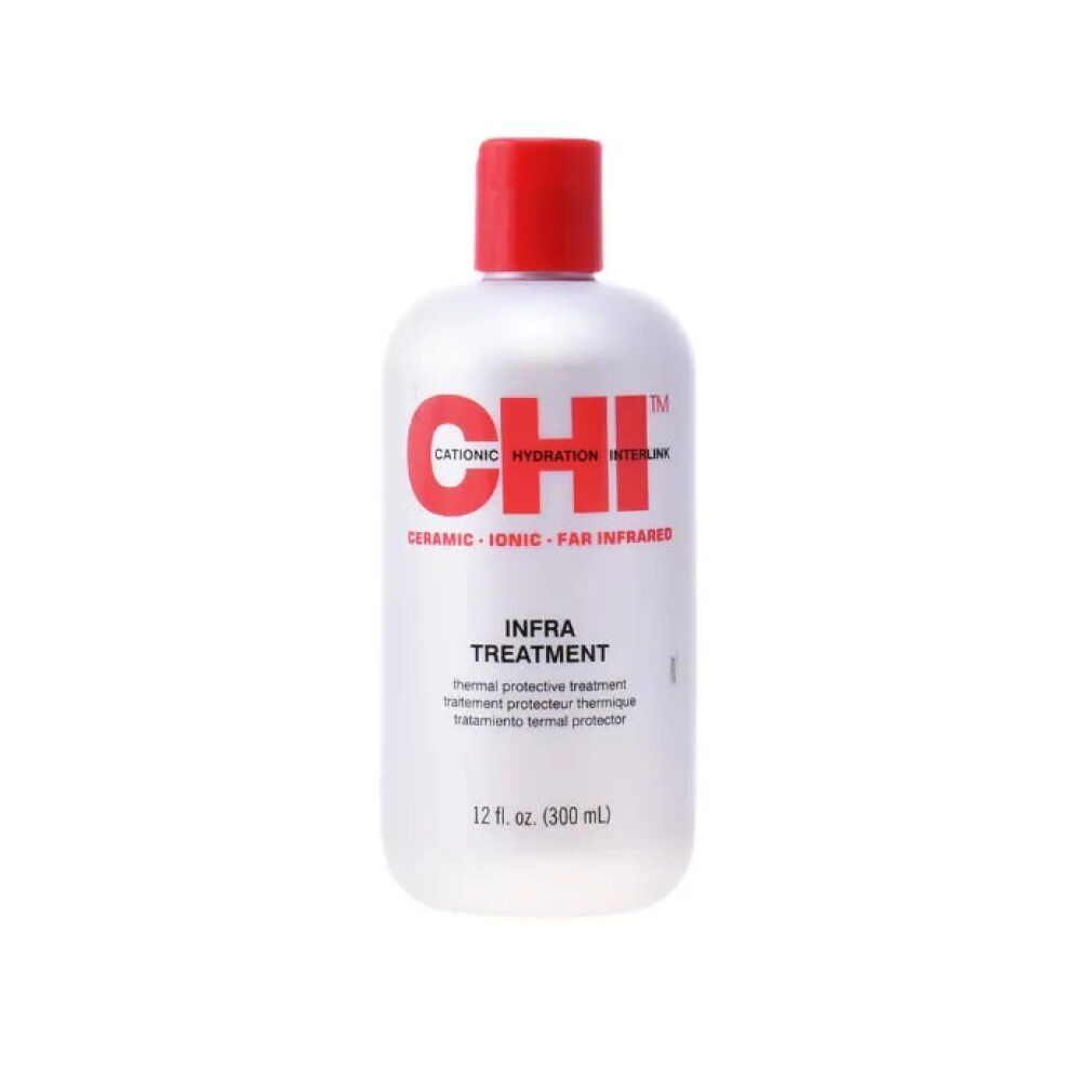 Flacone con tappo rosso. Scritta CHI, Infra Treatment. Volume: 12 fl. oz. (300 ml).