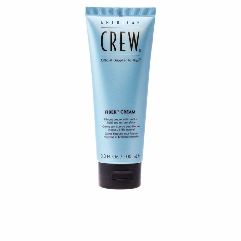 Tubo azzurro chiaro con tappo nero. Scritta: AMERICAN CREW, FIBER CREAM. Volume: 100 ml.