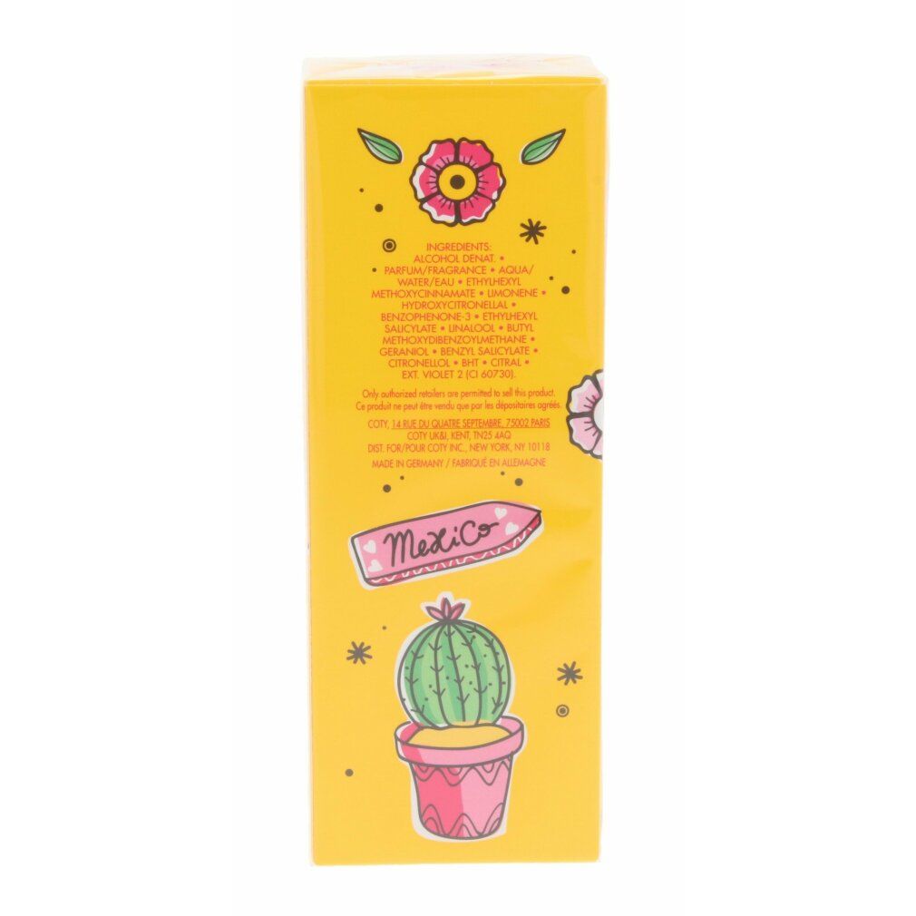 Confezione gialla con illustrazioni. Cactus, fiore, elenco ingredienti e scritta: Mexico.