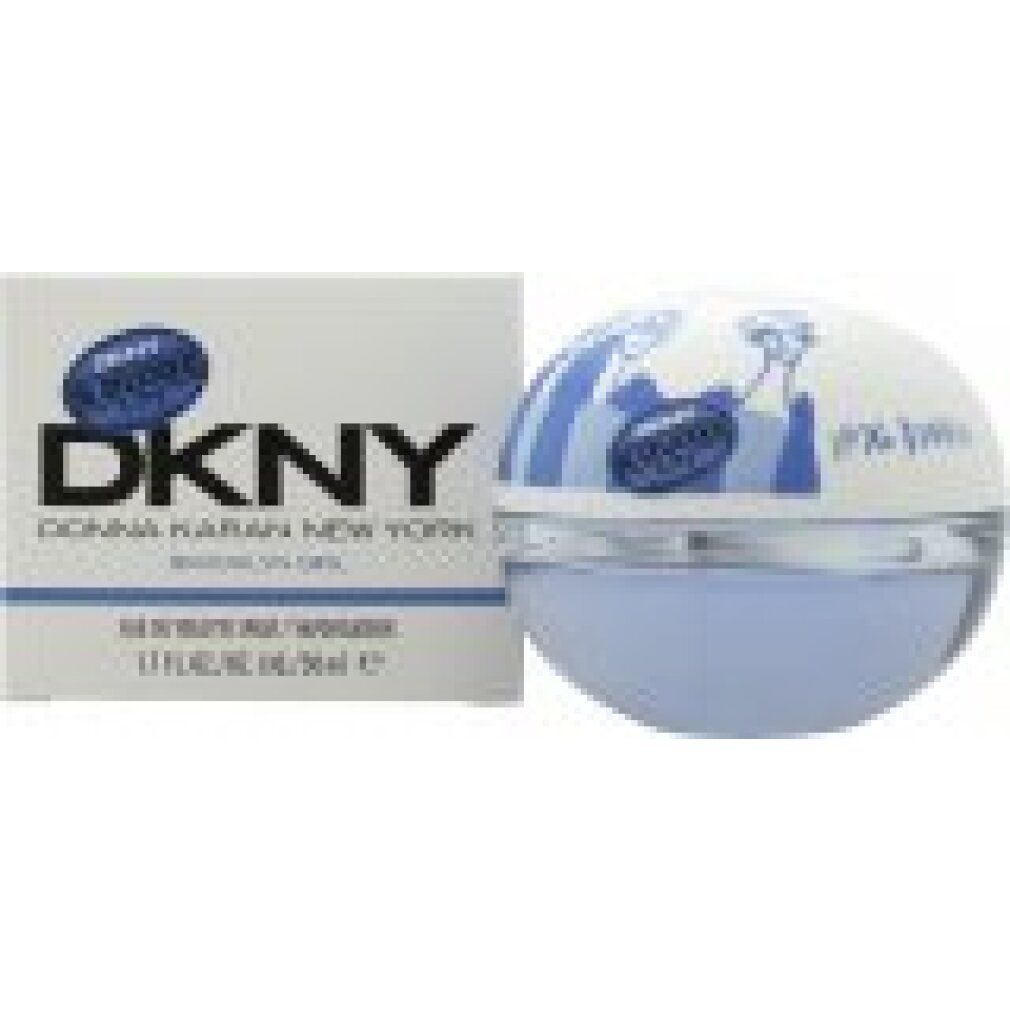 Flacone rotondo e scatola. Flacone bianco-blu, con disegno. Scatola con logo DKNY e nome del prodotto.