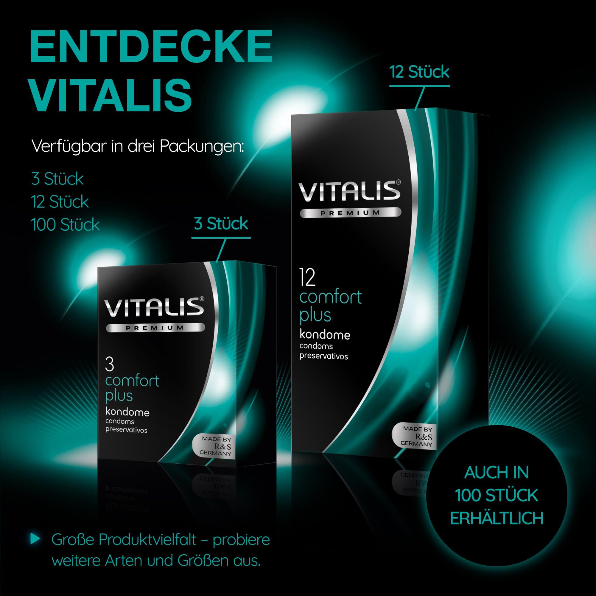 Preservativi Vitalis: Disponibili in confezioni da 3, 12 e 100 pezzi.