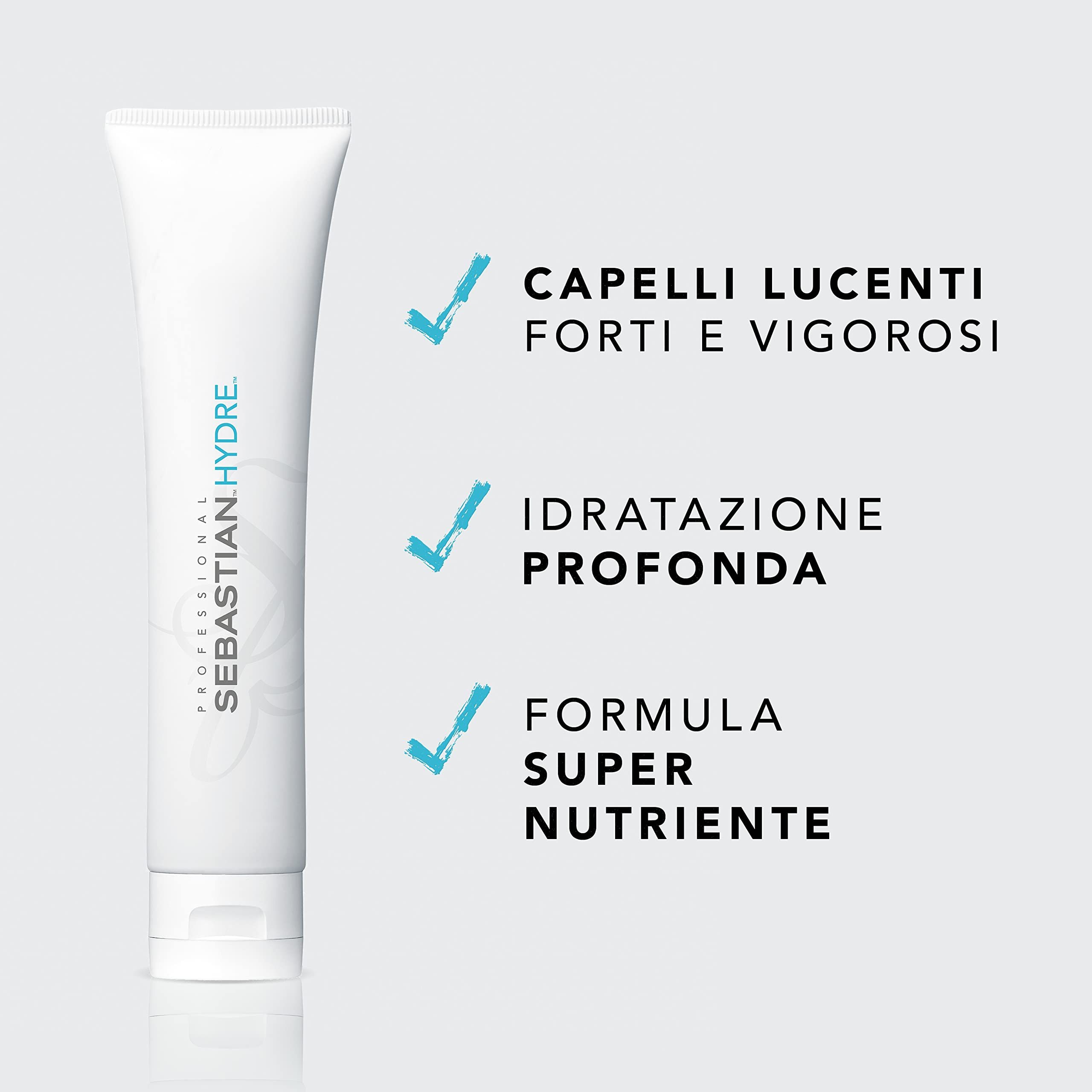 Tubo bianco con testo. Testo: Capelli Lucenti, Forti e Vigorosi, Idratatzione Profonda, Formula Super Nutriente.