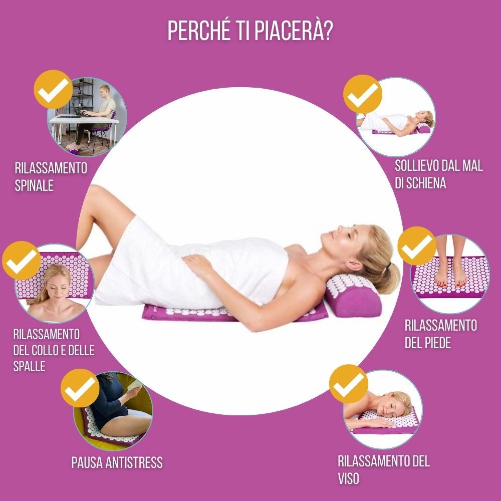 Donna sdraiata su tappetino e cuscino per digitopressione. Vengono mostrati diversi usi.