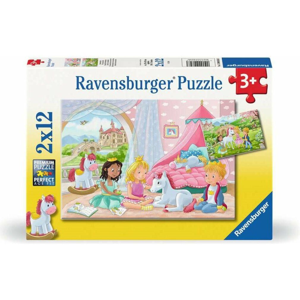 Scatola puzzle Ravensburger. 2x12 pezzi, 3+. Immagine: ragazze con unicorni in una stanza.