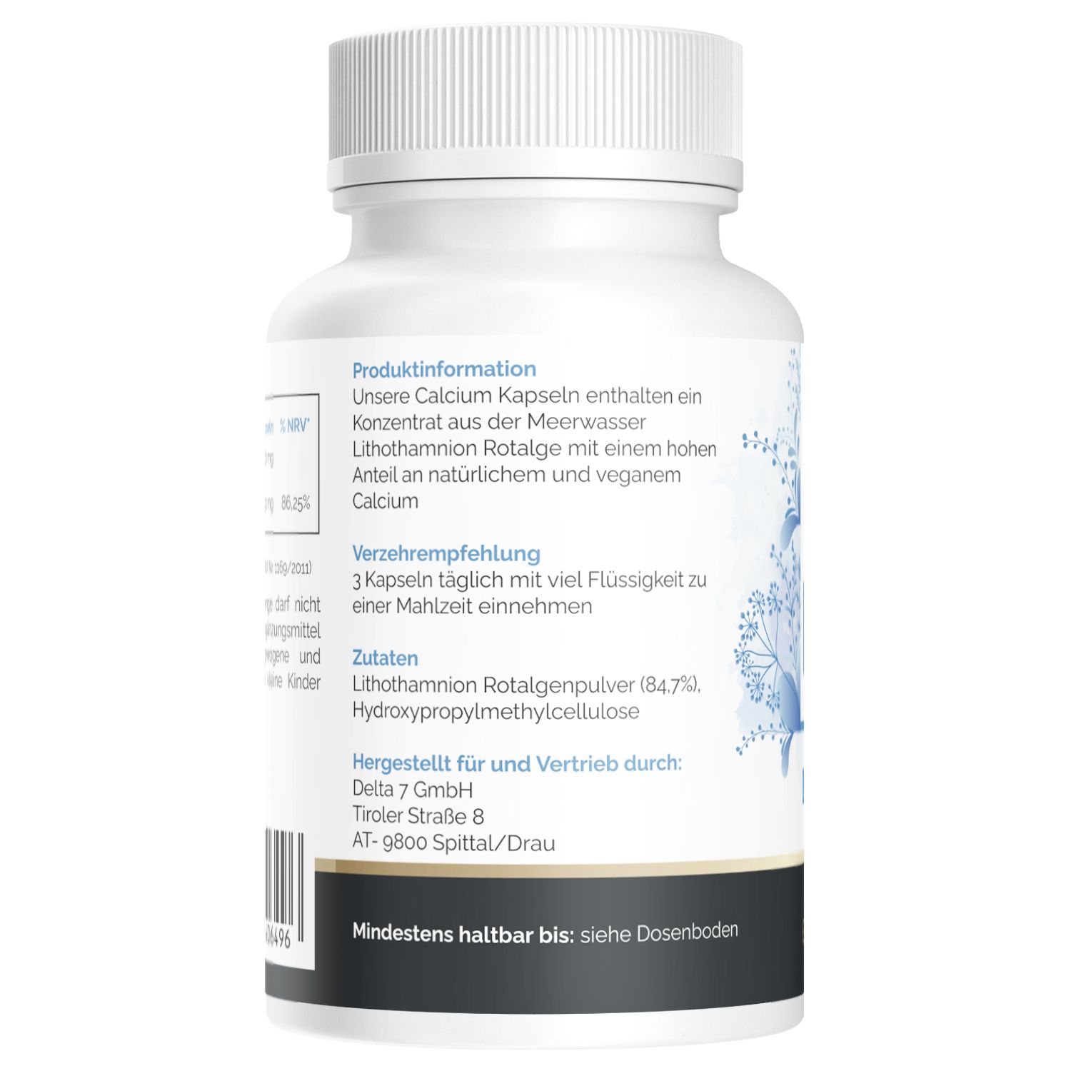 Retro del flacone. Natural Pro Calcium. Informazioni sul prodotto ed elenco ingredienti.