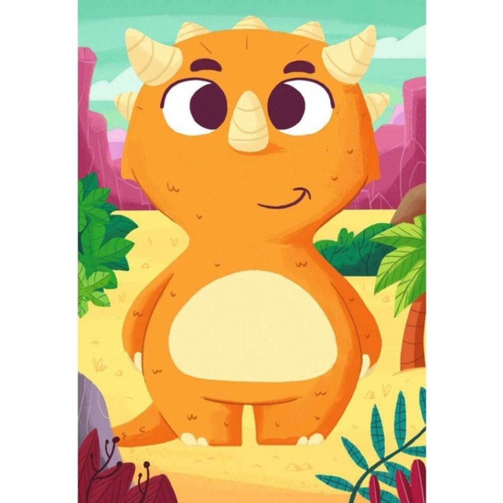 Puzzle dinosauro arancione. Ambiente verde. Stile cartone animato.