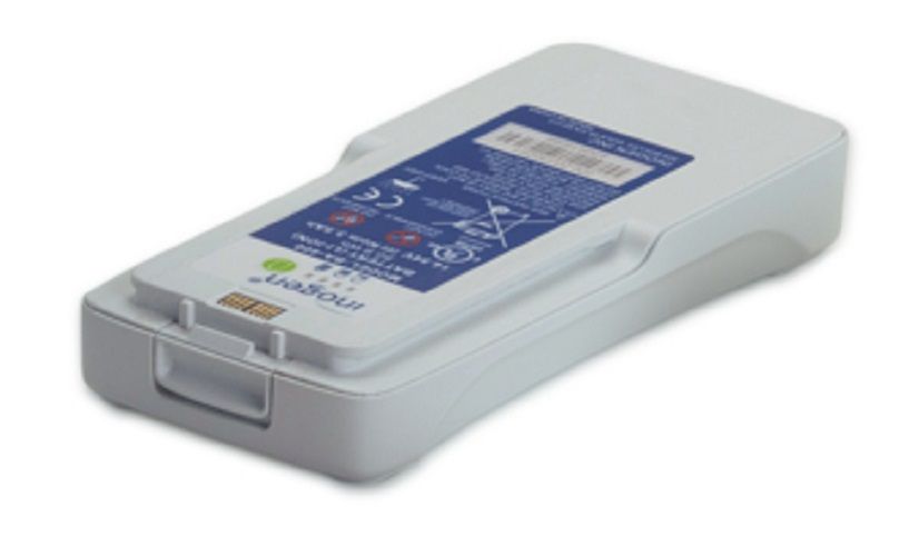Pacco batteria bianco con adesivo blu. Forma rettangolare con angoli arrotondati. Logo Inogen.