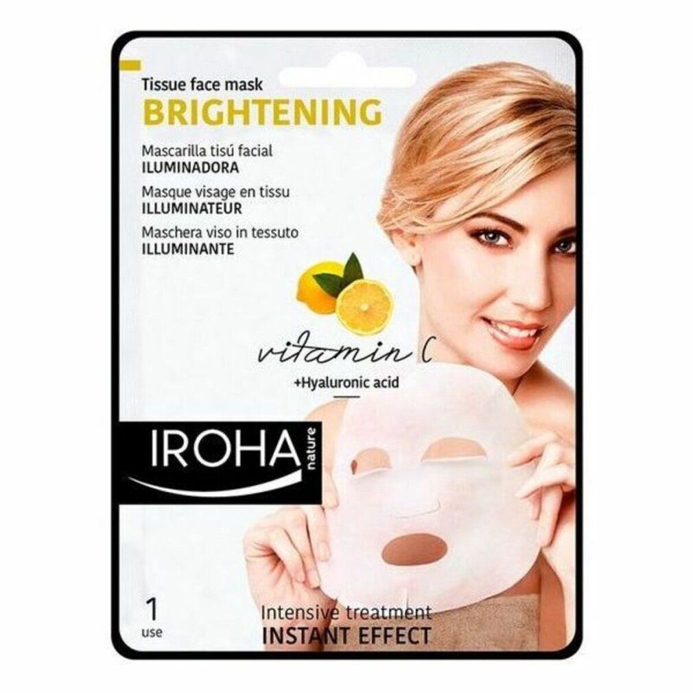 Maschera viso in tessuto Iroha Nature. Confezione con donna. Ingredienti: vitamina C, acido ialuronico.