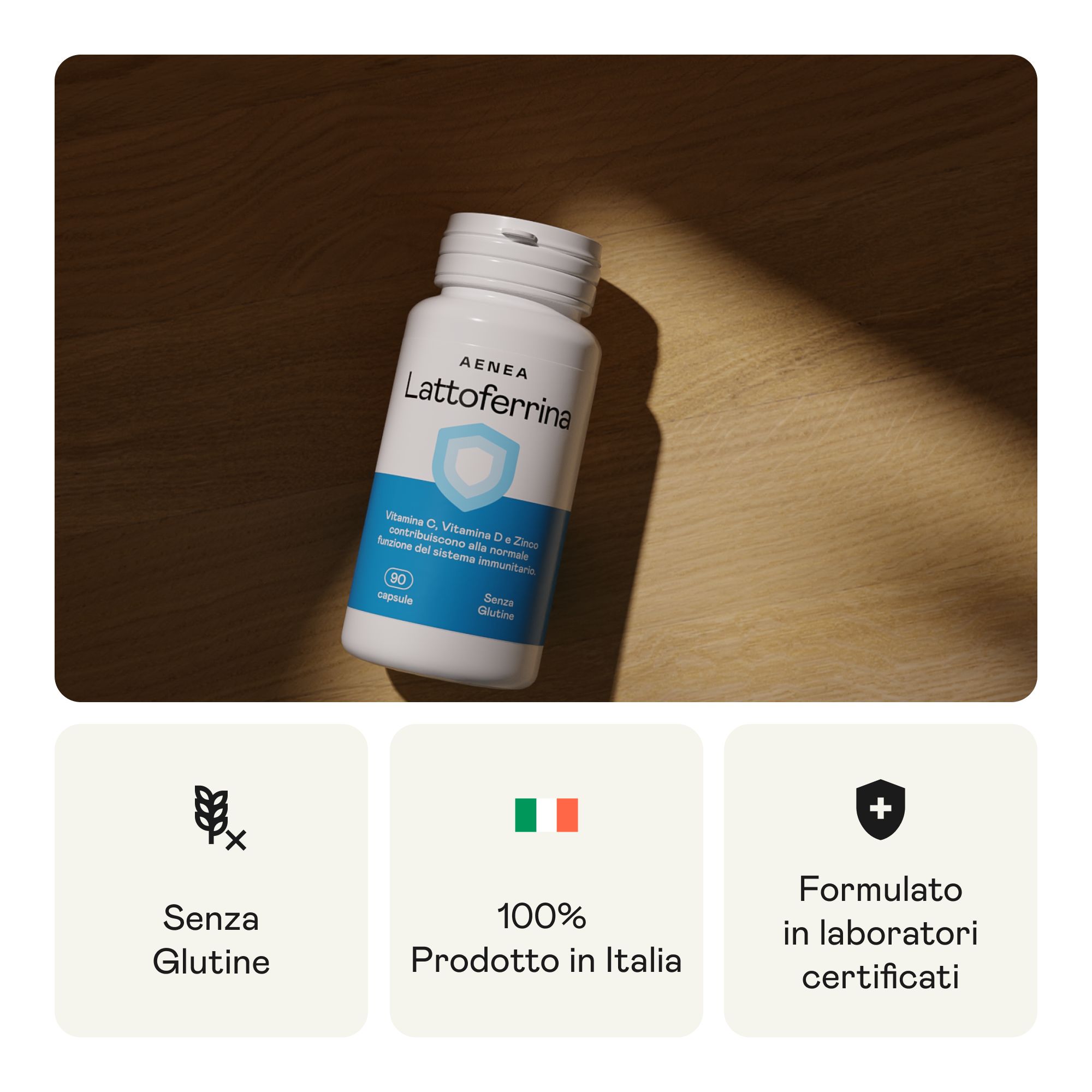 Flacone Aenea Lattoferrina 90cps. Senza glutine, 100% prodotto in Italia, laboratori certificati.