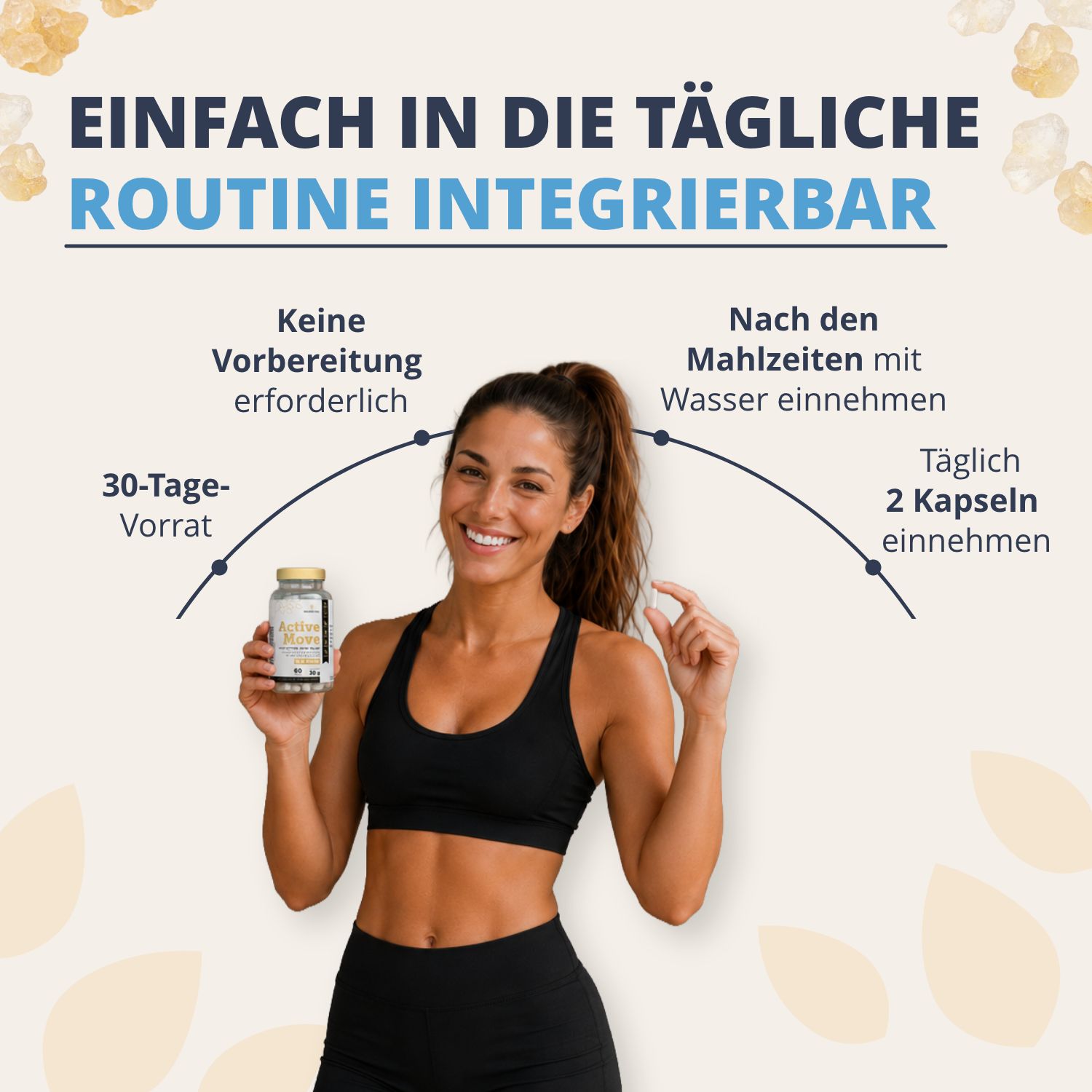 Donna che tiene una bottiglia di Golden Tree Active Move. Testo: Facile da integrare nella routine quotidiana. Scorta per 30 giorni, 2 capsule al giorno.
