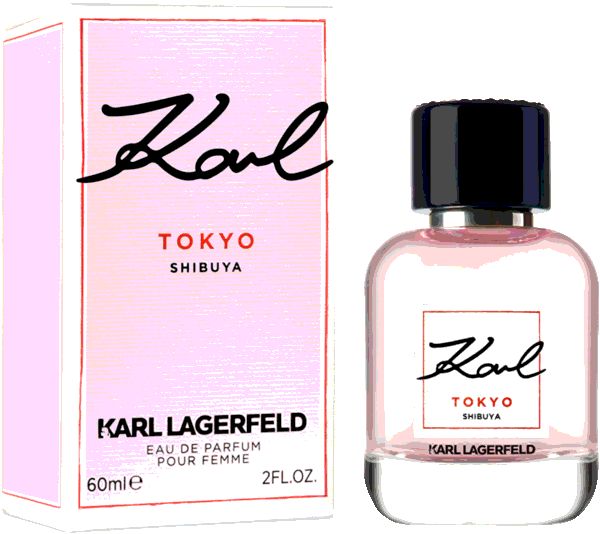 Flacone e confezione rosa Karl Lagerfeld Tokyo Shibuya. Tappo nero, etichetta bianca con testo. 60ml.