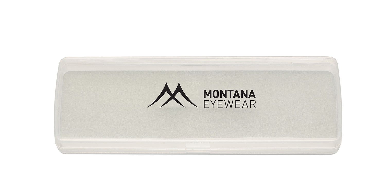 Astuccio per occhiali rettangolare chiaro con logo e scritta "MONTANA EYEWEAR" in nero.