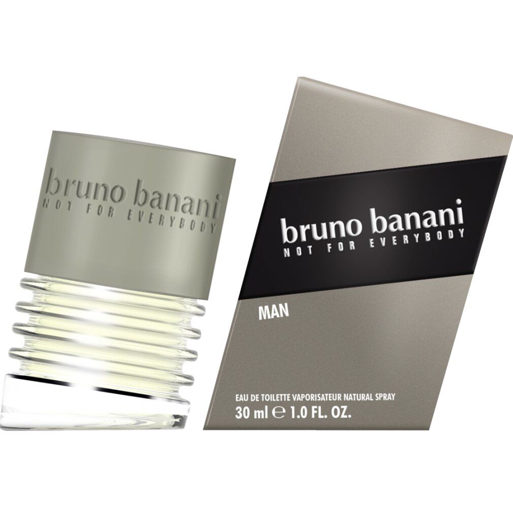 Flacone Bruno Banani Man Eau de Toilette 30ml e confezione argentata con striscia nera.