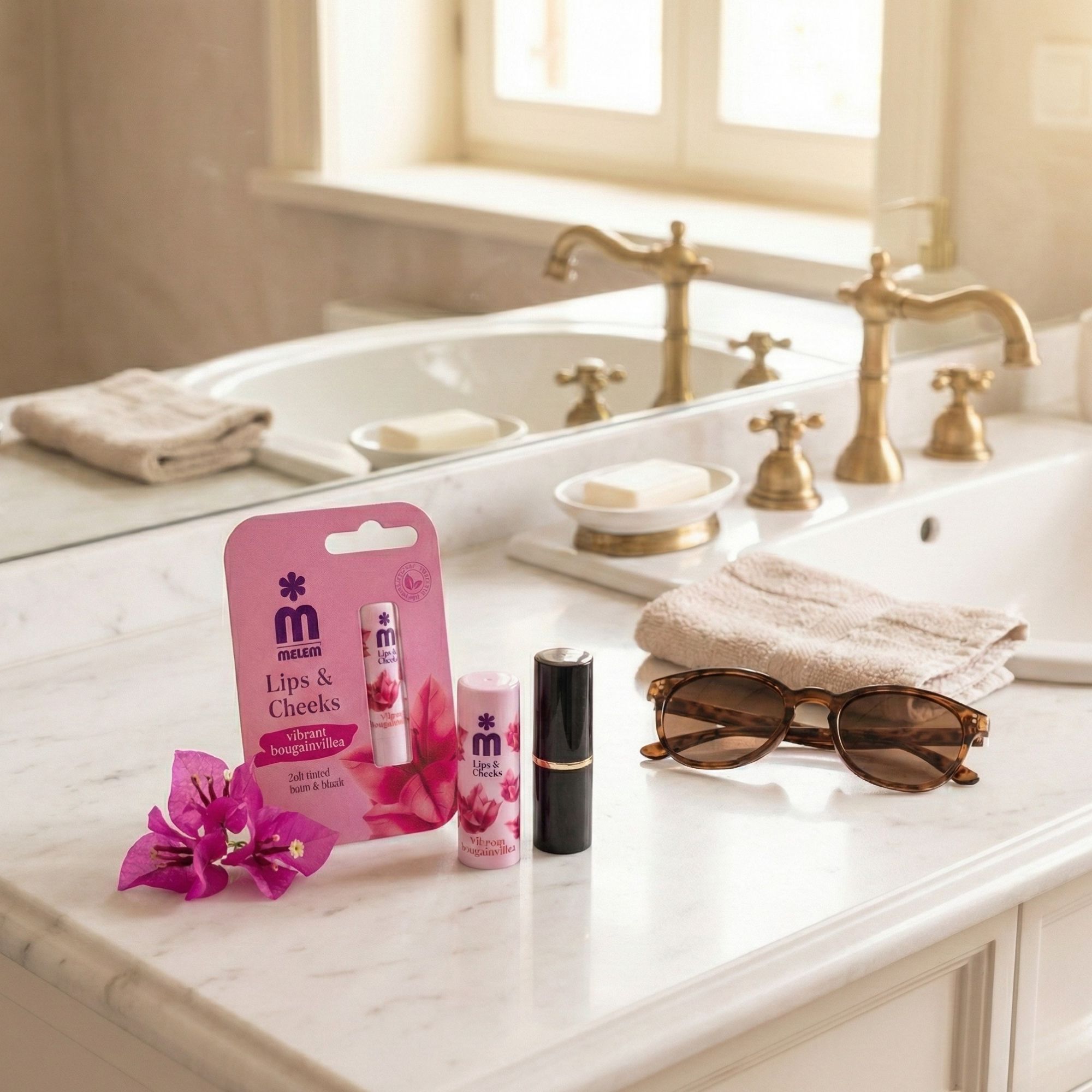 Confezione del prodotto, balsamo per le labbra e rossetto su superficie in marmo. Specchio e accessori sullo sfondo. Nome prodotto: Melem Lips & Cheeks.