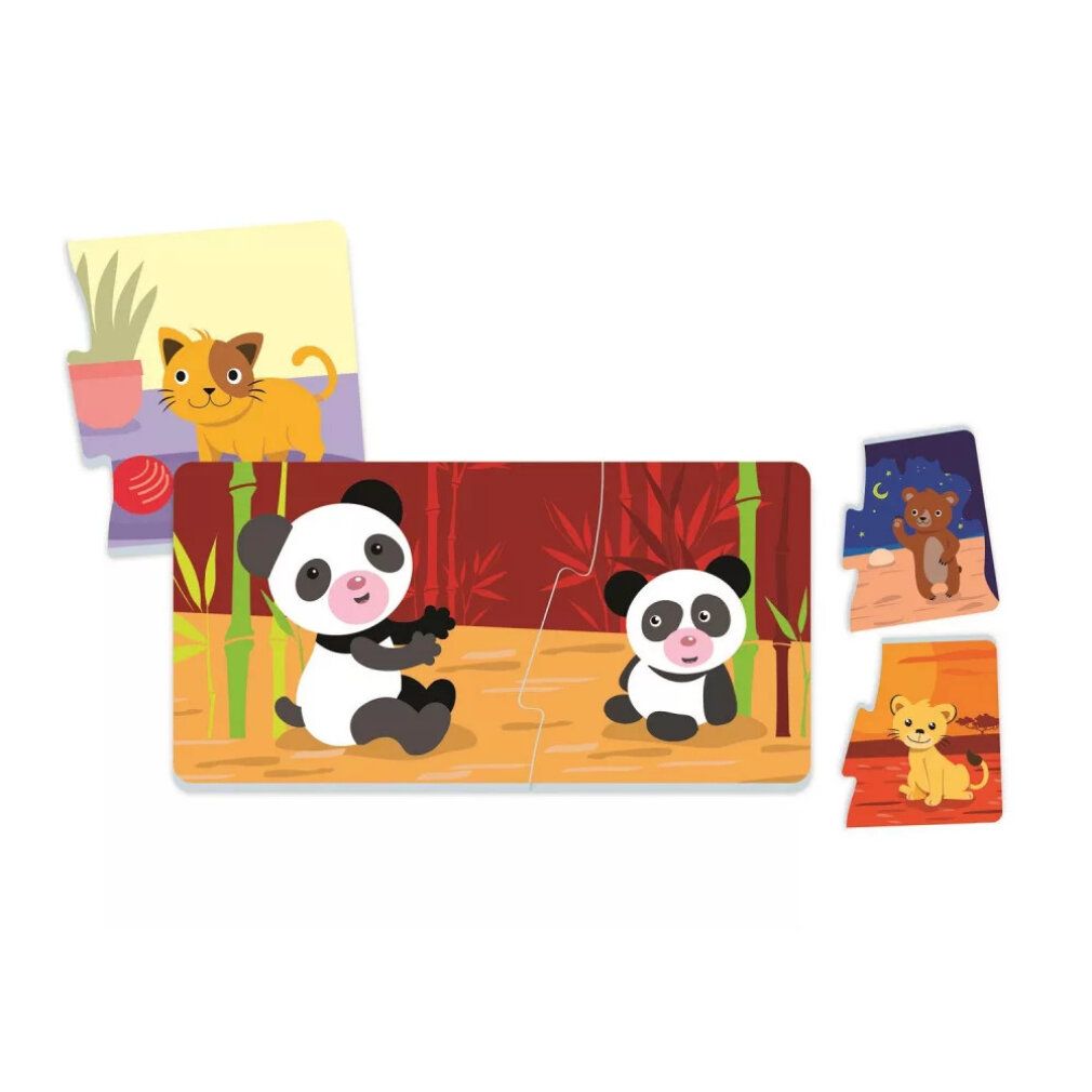 Pezzi di puzzle con panda e gatti. Singoli pezzi mostrano scene di animali. Logo Clementoni visibile.