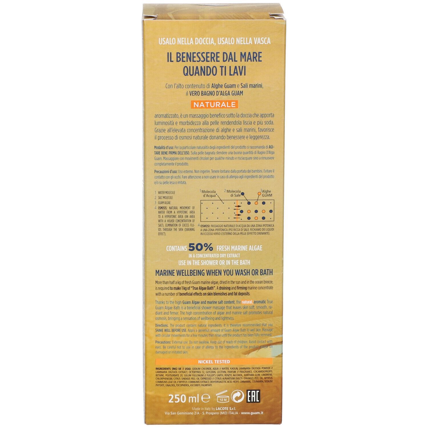 Retro della confezione di GUAM Bagno d'Alga Aromatizzato. Informazioni e ingredienti.