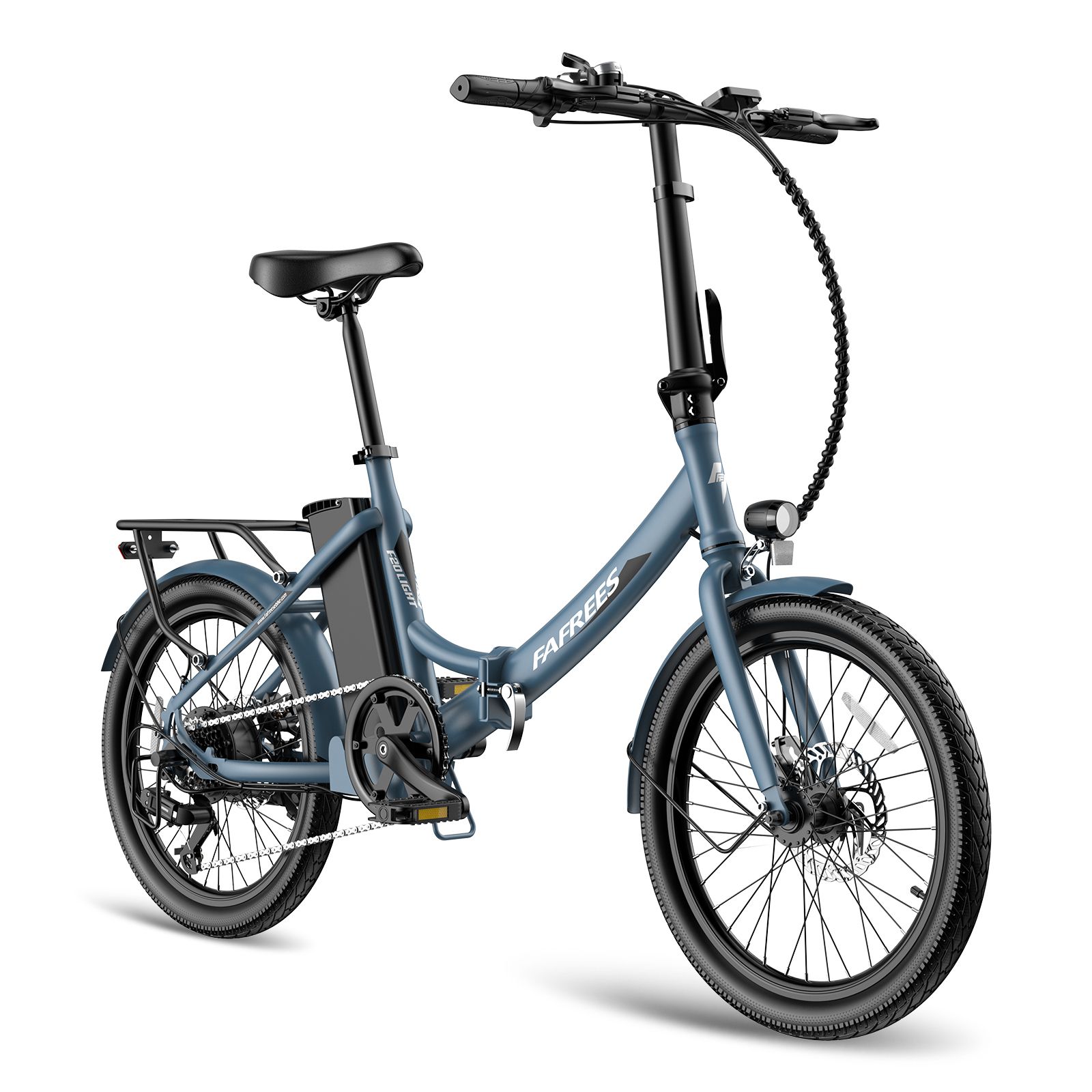 E-bike Fafrees F20Light blu, vista diagonale. Pneumatici neri, portapacchi, batteria e sella. Logo Fafrees.