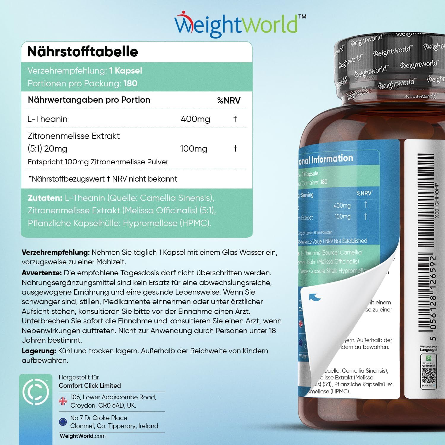 Flacone marrone con etichetta. Testo: Tabella nutrizionale. Ingredienti: L-Teanina, Estratto di melissa. 180 porzioni per confezione.