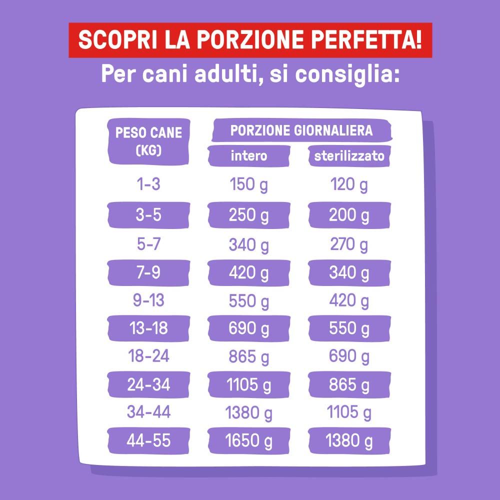 Raccomandazioni per l'alimentazione di Dog Heroes Pork Bowl. Tabella delle porzioni in base al peso del cane. Per cani adulti.