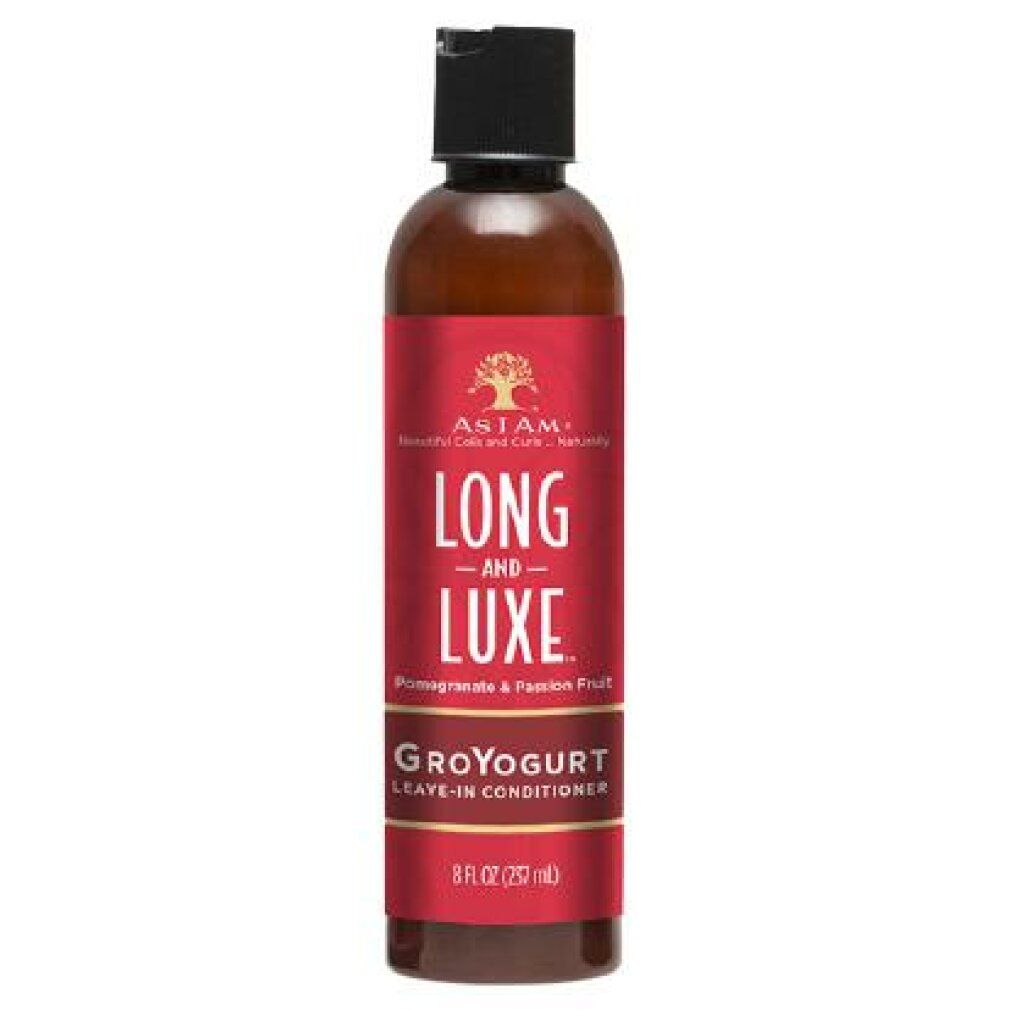 Flacone marrone con etichetta rossa. Testo: LONG AND LUXE, GroYogurt Leave-In Conditioner. Tappo nero. 8 fl oz (237 ml).