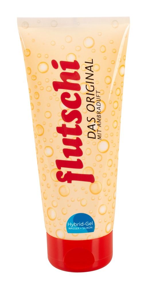 Tubo Lubry Flutschi Gel Ibrido con tappo rosso, giallo-arancio con motivo a bolle.