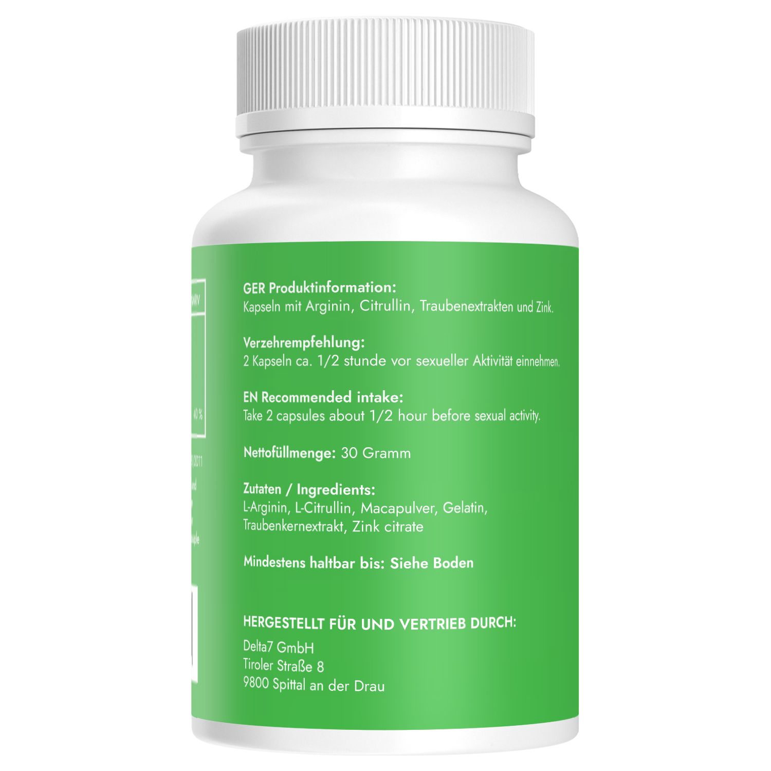 Retro di una bottiglia verde di capsule con informazioni sul prodotto e ingredienti.
